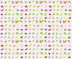 Vector vegetables in a pattern. Vegan pattern. Background picture, icons. Proper nutrition, diet, plant foods. Vegetarianism. Isolated vector objects.