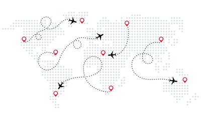 Airplane is in dotted line. World map. World map of airline airplane flight path travel plans. Tourism and travel. Vector illustration in flat style.