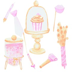 A set of elements for celebrating a birthday false sponges and a tie, a cracker, candles, a glass stand for treats, a cupcake