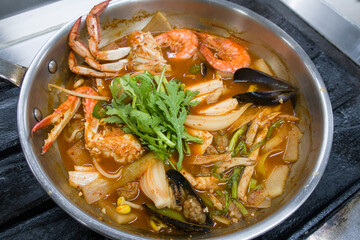 Korean Spicy assorted seafood hot pot stew.