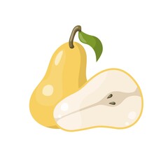 Yellow vector illustration of colorful half and whole of juicy pear. Illustration isolated on white background.