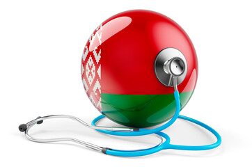Belarusian flag with stethoscope. Health care in Belarus concept, 3D rendering