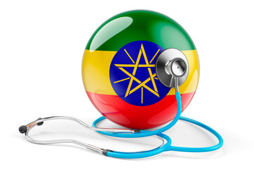 Ethiopian flag with stethoscope. Health care in Ethiopia concept, 3D rendering