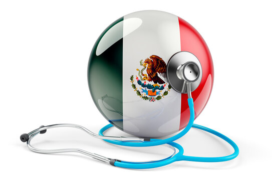 Mexican flag with stethoscope. Health care in Mexico concept, 3D rendering