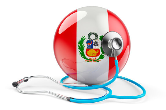 Peruvian flag with stethoscope. Health care in Peru concept, 3D rendering