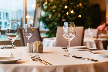  Served dinner table in a restaurant. Restaurant interior