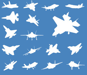 Military stealth aircraft silhouettes collection. Vector 