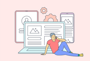 Technologies, addiction to internet, relaxing concept. Young man boy using multiple devices. 