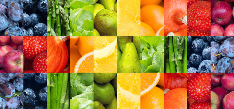 Background of healthy vegan food, fruits and vegetables, thirty images of apples, strawberries, pumpkins, oranges, lemons, pears, salad, asparagus, blueberries and plums