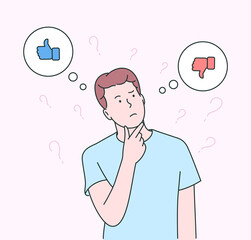 Choice, thinking, doubt, problem concept. Young man boy standing confusedly to choose yes or no. Modern flat illustration