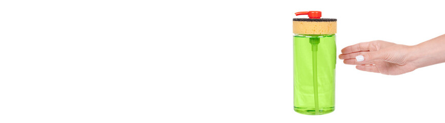 Hand with bottle with liquid soap for dish washing, isolated on white background.