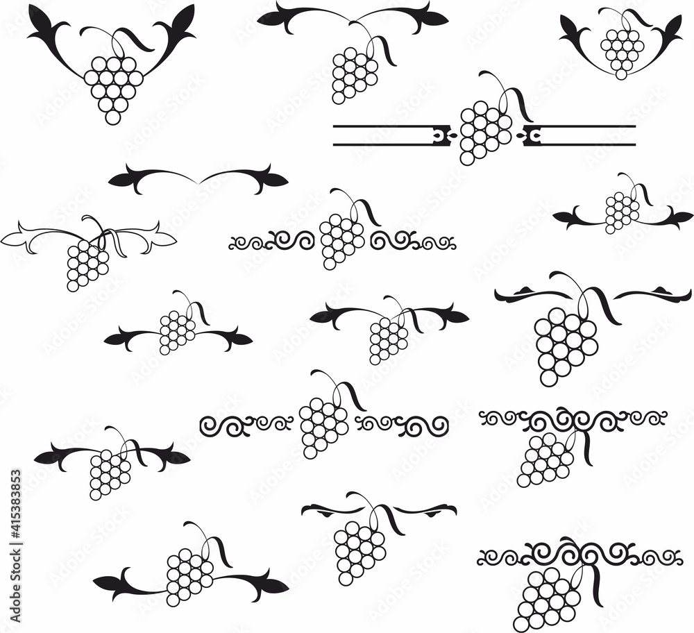 Poster grape wine brunch decorative element and text breaks and dividers set