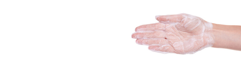 Hand with soap foam, isolated on white background.