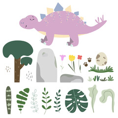 Cute set of pink stegosaurus, tree, tropical leaves, stones, dino's egg, flowers and footprints. Vector illustration. Isolated on white background. 