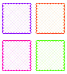 set of frames, four rectangular white frames with multi-colored wavy edges with a thin oblique square mesh background, vector