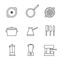 Set of Simple restaurant utensils, utensils for food preparation icon in trendy line style isolated on white background for web apps and mobile concept. Vector Illustration