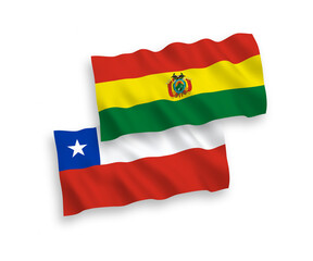 National vector fabric wave flags of Bolivia and Chile isolated on white background. 1 to 2 proportion.