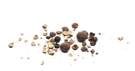 Allspice, pimento spice crushed,  Jamaican pepper and shavings isolated on white background