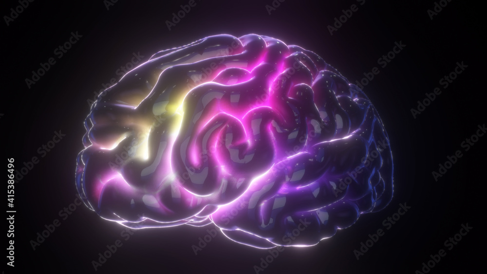Poster 3d rendered illustration of rotating brain model with neural network iridescent impulses. high quali
