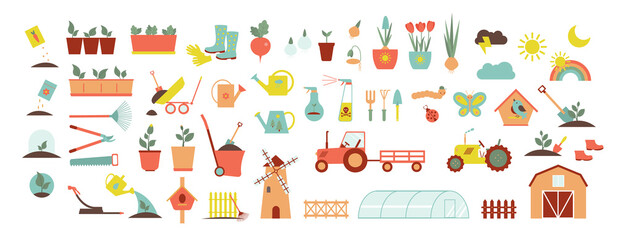 A set of icons for farm and agriculture. Plants and gardening tools. Plant planting and plant care. Flower business. Agricultural machinery and technology. Icons like farmer, cultivation, plant, crop