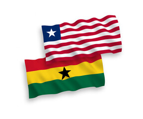 National vector fabric wave flags of Liberia and Ghana isolated on white background. 1 to 2 proportion.