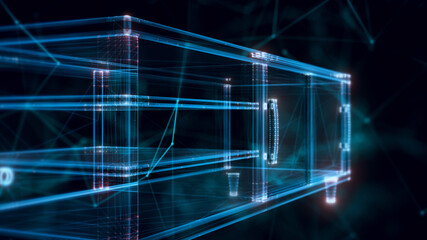 3d rendered illustration of Wooden tv entertainment unit hologram Close up. High quality 3d illustration