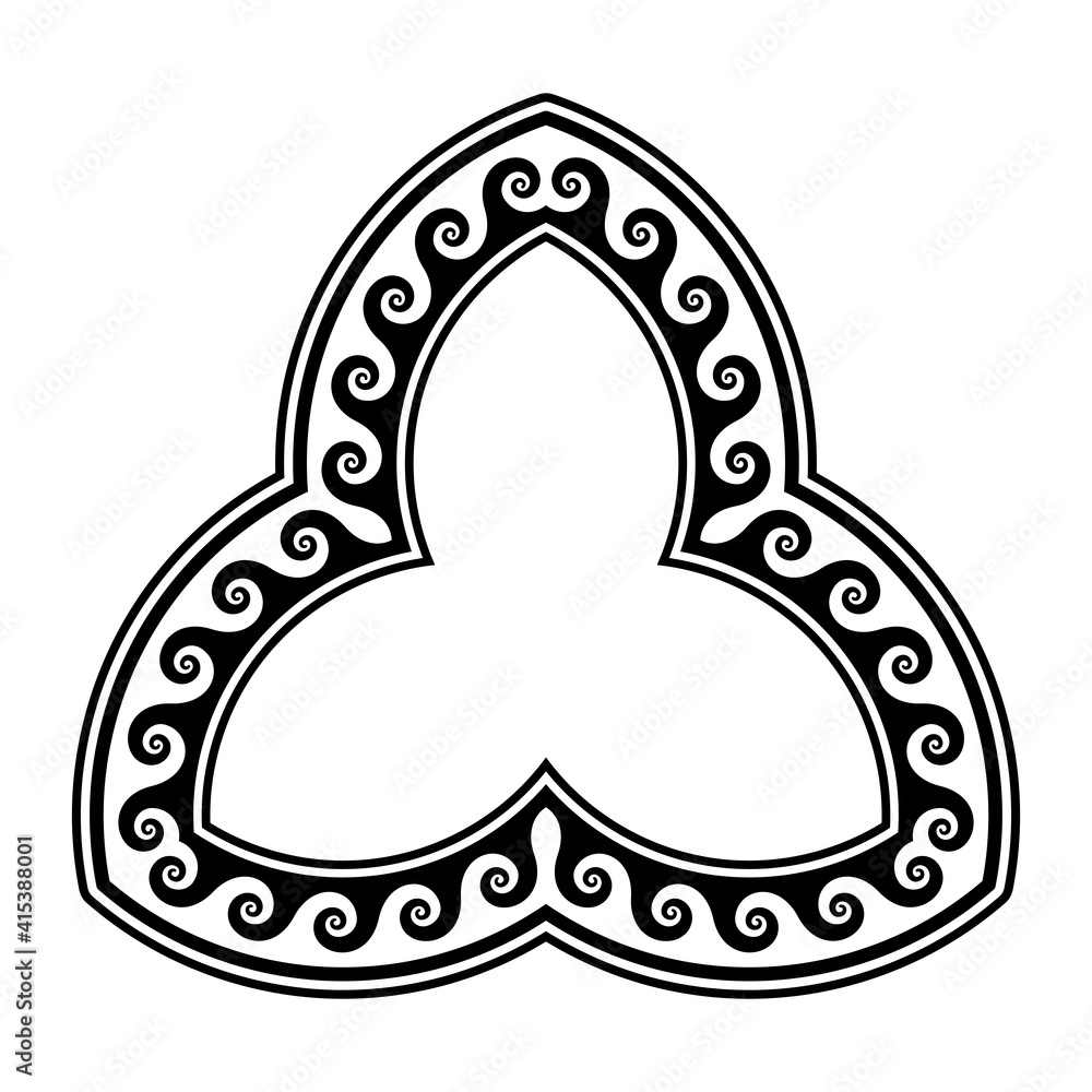 Poster triquetra shaped frame, with running dog pattern. decorative three cornered border with seamless spi