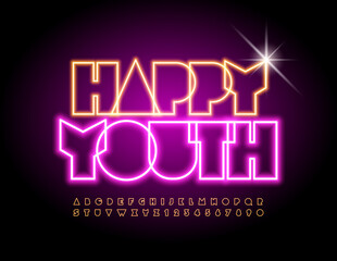 Vector creative sign Happy Youth. Glowing light Font. Neon Abstract Alphabet Letters and Numbers set