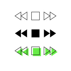 Vector Minimalist Icon of Previous, Stop, and Next Button. Line only, Fill only, and Combination of Line and Separated Fill.