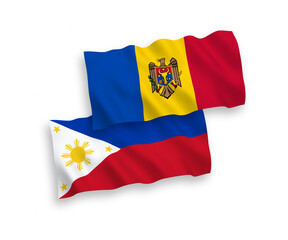 National vector fabric wave flags of Moldova and Philippines isolated on white background. 1 to 2 proportion.