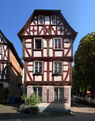 A half-timbered front-gabled renaissance residential house facade in the old town of Limburg in Germany