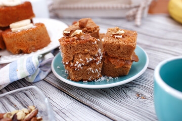 Brownie stack, closeup chocolate