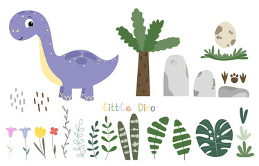 Cute cartoon set with joyful brontosaurus, grass, green tropical leave, stones, footprints, flowers and text ' little Dino'.   Herbivorous dinosaur on a white background. Cheerful prehistoric animal. 