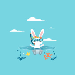 Poster with little rabbit in the snorkeling mask vector prints, kids and baby t-shirts and wear. Rabbit bathes in water. Vector illustration.