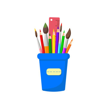 Pencils, brushes, ruler in stand, isolated on white background. Colorful Home and office stationery in blue stand. Pencil stand for website design, logo, ui. Cute vector illustration in cartoon style 