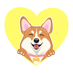 Welsh corgi dog on the background of the heart. Cheerful dog in a collar.