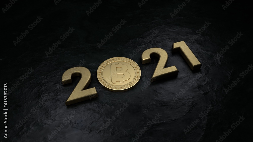 Aufkleber 3d rendering of a new year's composition. the date 2021 is formed from gold numbers and a gold coin 