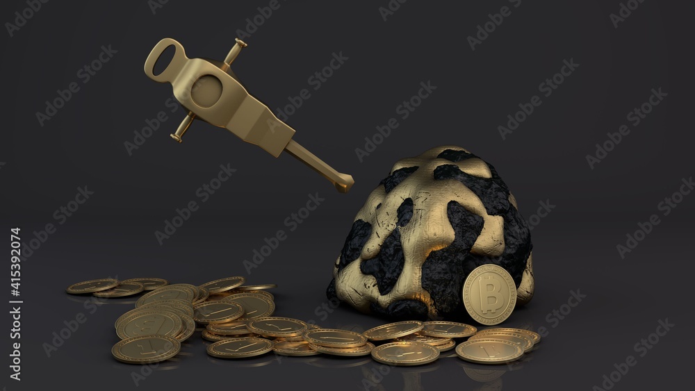 Poster 3d rendering of a gold jackhammer and a stone with a pile of gold coins of the bitcoin cryptocurrenc