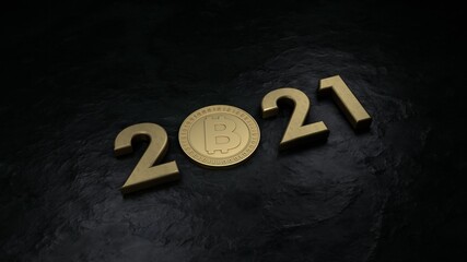 3d rendering of a New Year's composition. The date 2021 is formed from gold numbers and a gold coin of the bitcoin cryptocurrency, on a black coal background. The year of the cryptocurrency.