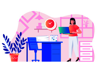 a woman is standing with a laptop