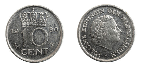 Netherlands ten cents coin on white isolated background