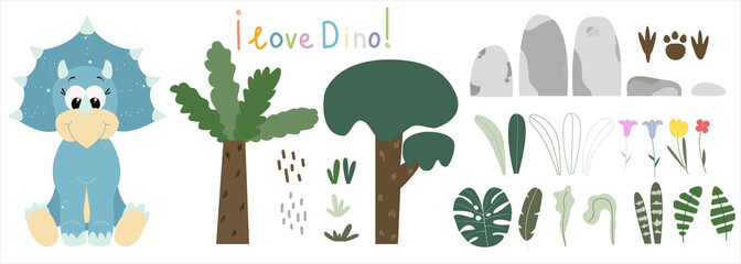 Cute little Triceratops dinosaur with green tropical leaves, trees, stones, footprints and the inscription "I love Dino!" on a white background. Little blue dinosaur for t-shirt, baby clothes, poster