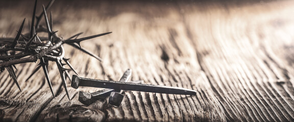 Three Crucifixion Spikes Wooden Table With Crown Of Thorns And Vintage Effect - Crucifixion And...