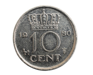 Netherlands ten cents coin on white isolated background