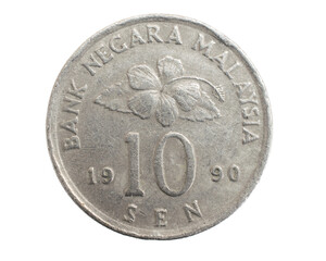 Malaysia ten sen coin on a white isolated background - obrazy, fototapety, plakaty