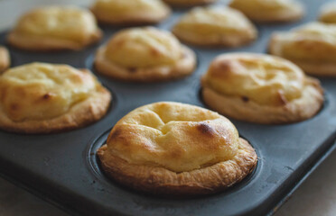 Freshly baked pastel de nata close-up 