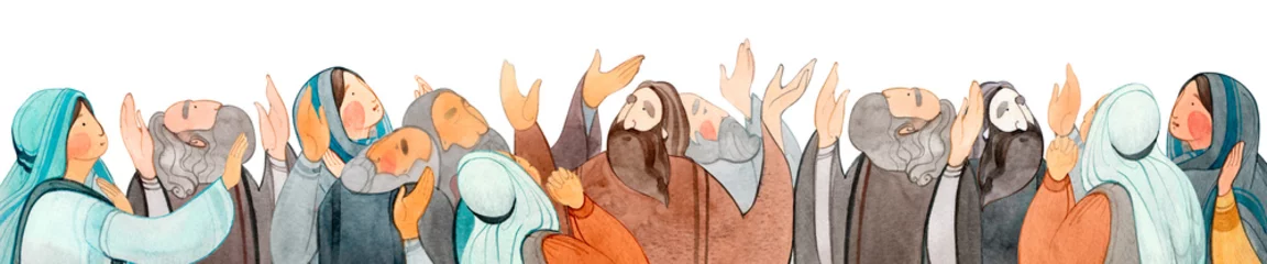 Fotobehang Watercolor hand drawn illustration of praying people, apostles in prayer, thanksgiving to the Lord. Decorative border for the background of Christian publications, the design of banners, cards, sites © Светлана Воротняк