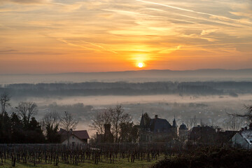 Nebel über dem Rhein im Sonnenaufgang bei Oppenheim