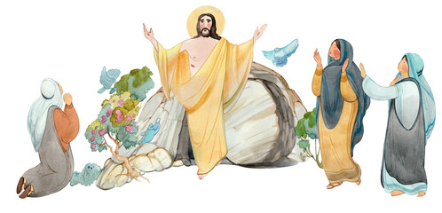 Illustration of Easter Jesus Christ is risen, coffin, cave of resurrection, isolated on white background watercolor hand drawn.
 For Easter publications, print, edition, banner. Religious church bord 