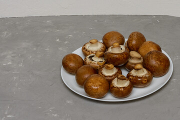 Royal large champignons on white plate. Fresh brown mushrooms for cooking. Gray concrete background